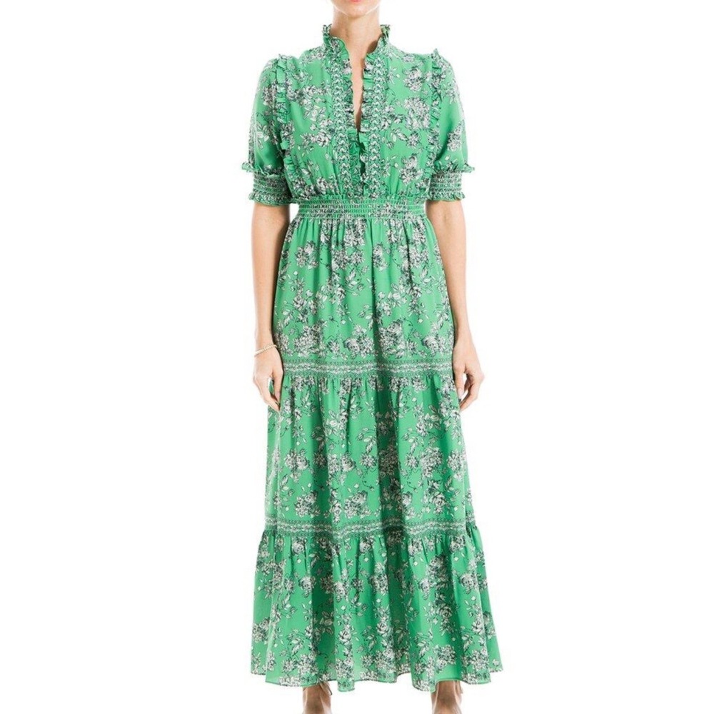 Max Studio maxi dress green "Rosy Toile" floral smocked waist ruffled sleeve‎ XS